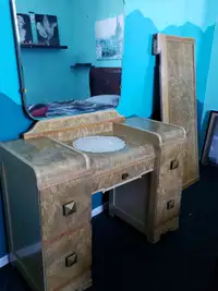 Antique Solid Wood Vanity with Mirror and Double Sized Headboard
