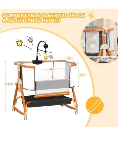 3 in 1 Bassinet,Baby Bassinets Bedside Sleeper with Musical Toy,Adjustable Height Bedside Bassinet f...