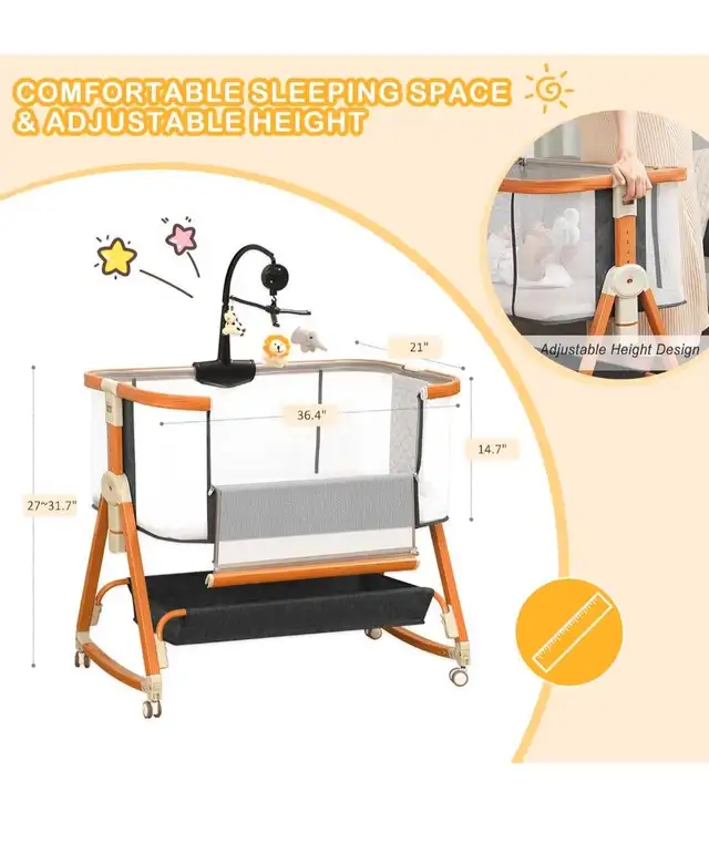 3 in 1 Bassinet,Baby Bassinets Bedside Sleeper with Musical Toy, in Cribs in Hamilton - Image 2