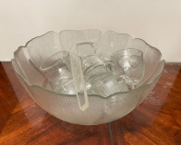 Vintage French Arcoroc Punch Bowl Set w/ 8 Cups, Pressed Glass