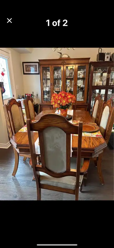 Dining room table, 6 chairs and cabinet., View more