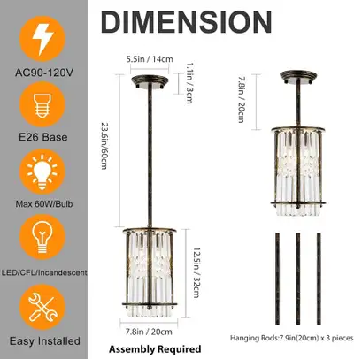 Kitchen Island Light Pendant Lights Fixture Crystal Chandelier V, View more