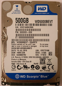 WD Scorpio Blue 500 GB SATA-2 HD for sale!