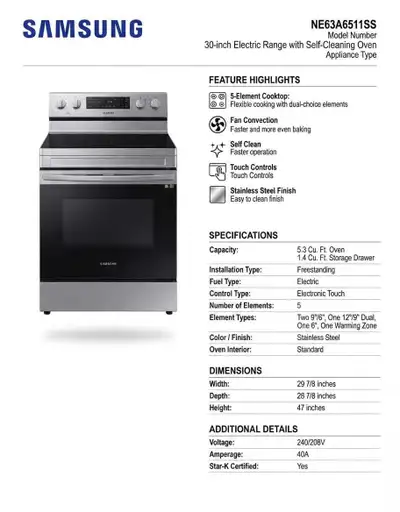 ‍Samsung 30-inch Electric Range✔️1-Year Warranty, View more