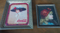 2 Old Prints, Framed Under Glass, Victorian Coca-Cola Young Girl