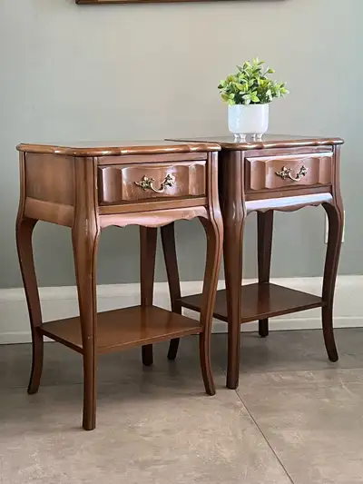 Beautiful pair of vintage walnut midcentury French nightstands, View more
