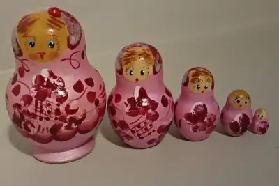 Vintage Hand Painted Pink & Red Russian Nesting Dolls with a Lady Bug on her head - 5 Dolls The tall...
