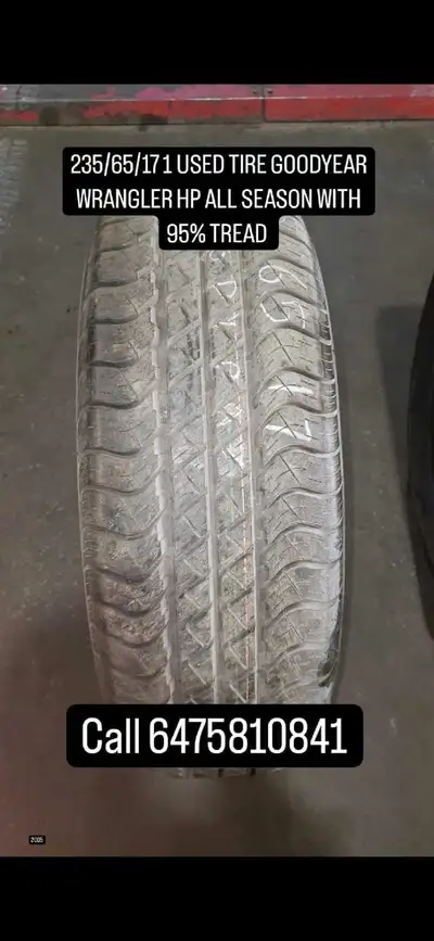 I am selling a used Goodyear Wrangler HP all-season tire, size 235/65/17, with 95% tread remaining,...