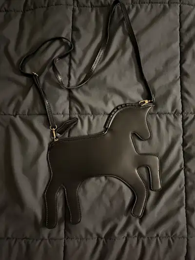 Selling a crossbody bag in a unique horse shape! It's black and has a zipper closure. Perfect for ad...