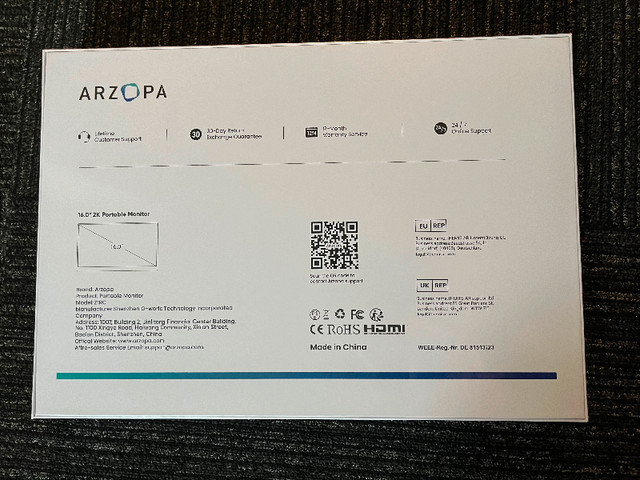 2K 16” Portable Monitor - Arzopa Z1RC (Still Sealed) in Monitors in City of Toronto - Image 3