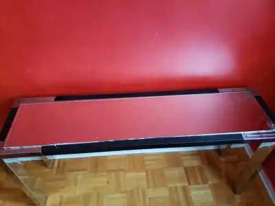 long tall mirrored table with black leather, View more