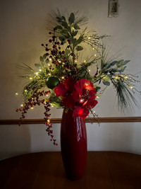 Large Vase w/ Holiday Artificial Plants and Battery Lights