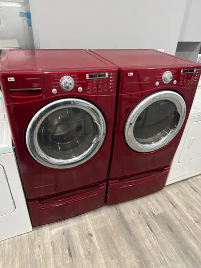 27 inch LG front load washer dryer cherry colour with pedestal, View more