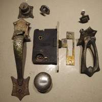 Vintage Door Handle & Knocker - Aged Hammered Brass, Mid-Century