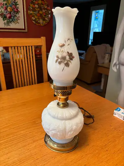 Milk Glass Floral Table Lamp with Hurricane Shade, View more
