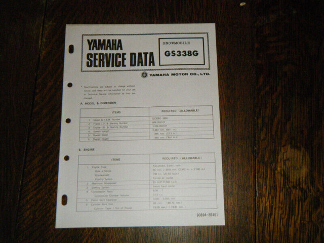 Yamaha  GS338G  Snowmobile Service Data Booklet  88401 in Other in Oakville / Halton Region