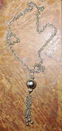 Vintage Silver Tone Necklace Round Sphere Pendant Double Chain