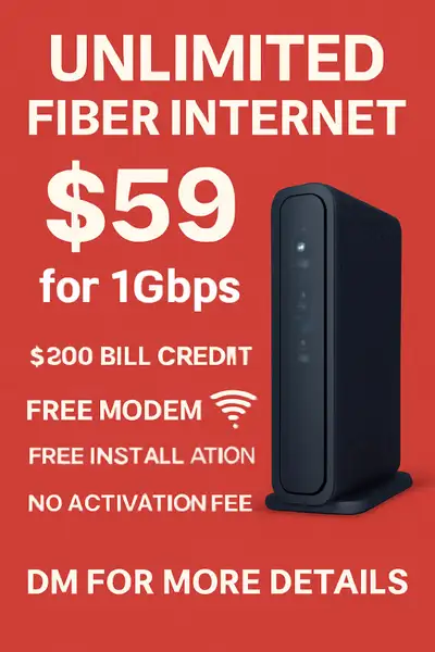 Unlimited fiber internet for $59 Enjoy 1Gbps speed for seamless streaming, gaming, and browsing Get...