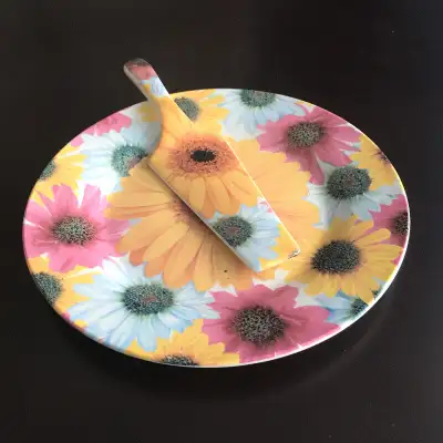 Cake Plate and Server Set 10.5"  Yellow and Pink Flowers New, View more