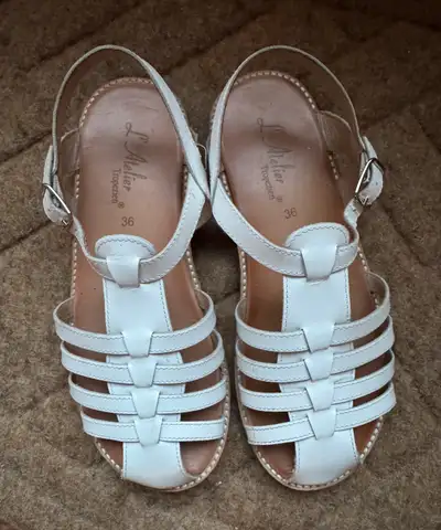Not sold in Canada. Made in France. Genuine leather sandals in original box. Barely worn. Size EU 36...