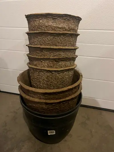 7 biodegradable plant pots: 2 XL, and 5L $20.00 for all or $5.00 each = XL; and $3.00 each = L $20.0...