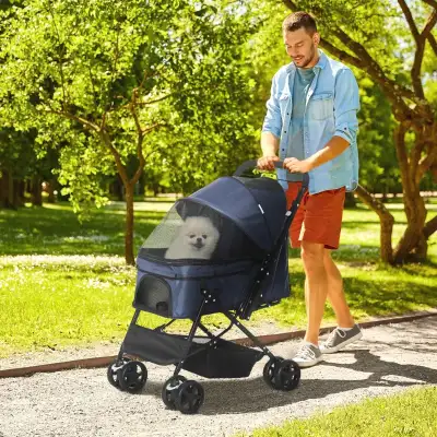 4 Wheels Pet Stroller with Reversible Handle, Foldable Cat Dog Travel Carriage with EVA Wheel Brake,...