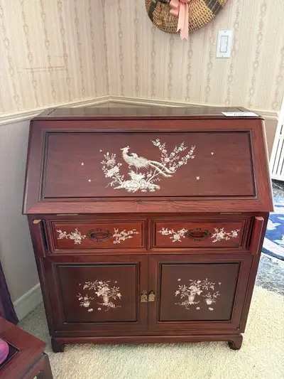 Chinese Mother of Pearl Inlaid Teak Writing Desk, View more