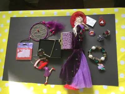Variety of Red Hat Ladies Items 13” Heirloom Doll....yes...Red and Purple....on a Stand Purse Hanger...