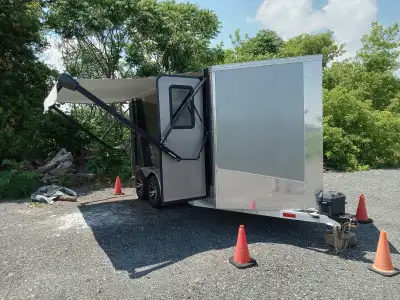 All aluminum trailer with 12" centres; 2-tone silver and charcoal; 7x14 plus V-nose; camper special...