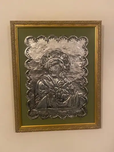 antique framed Madonna and baby relief sculpture.20”x15"., View more