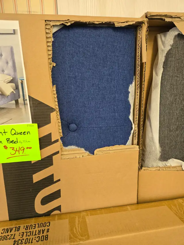 New Doumont Queen Blue Upholstered Platform Bedframe in Beds & Mattresses in Nanaimo - Image 3