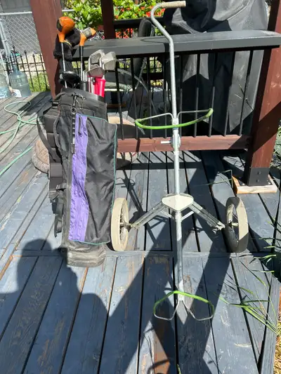 Set of golf clubs and golf pushcart