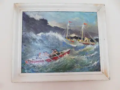 Vintage MCM Retro Three Nautical Themed Oil Painting on Canvas Signed by Local Artist G B Jones 1981...