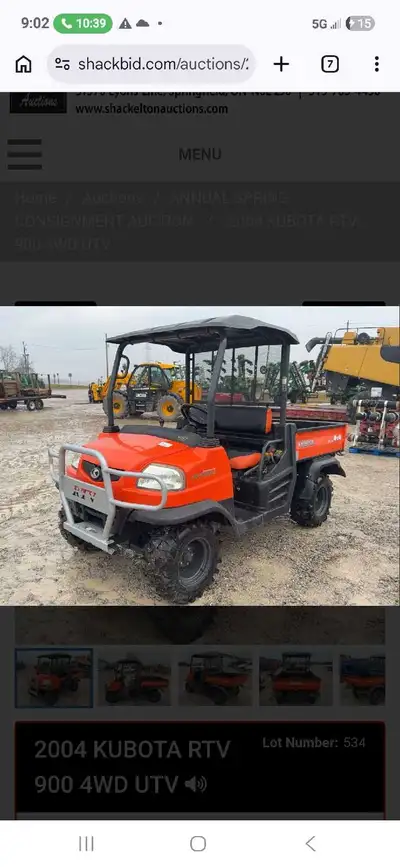 Kubota RTV900. Diesel. Hydraulic dump. Extra hydraulic remote. New tires Yes. You can bid on it at s...