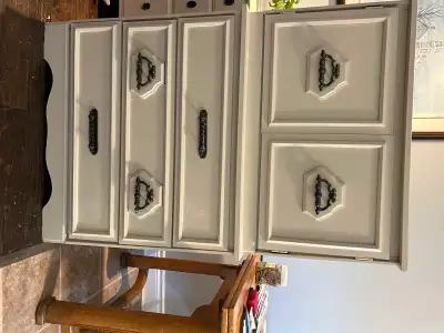 Nice dresser light Biege refinished 3 drawers 2 doors rustic hardware 34x16x54 high