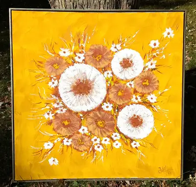 For sale is a LARGE swanky and stylish, boldly coloured Mid-Mod Abstract 'Spray of Flowers' 37" squa...