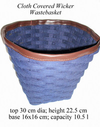 Cloth covered wicker wastebasket, light, airy, clean