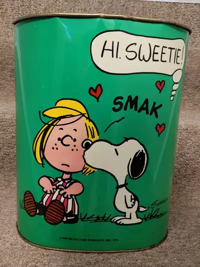 Vintage CHEINCO metal trash can, about 13" tall by 7.25" wide, with rolled edges dated 1970 Schulz U...