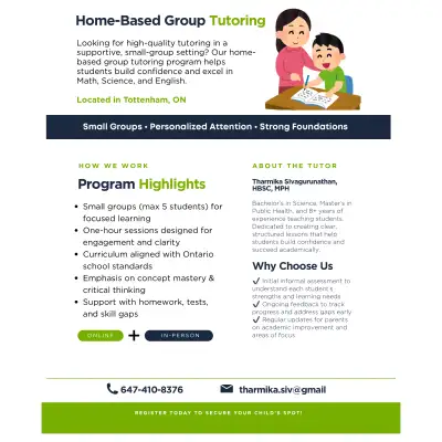 Please contact via email or phone to discuss. E-mail: tharmika.siv@gmail.com P: 647-410-8376