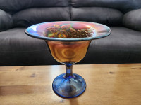 ANTIQUE peacock-themed FENTON carnival glass compote dish