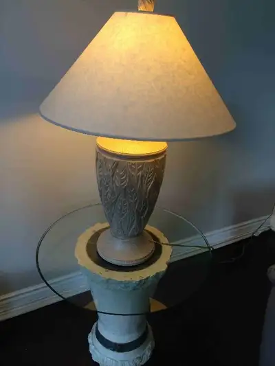 HOME DECOR: ACCENT TABLE WITH ROUND, GLASS TOP PLUS LAMP DESCRIP, View more