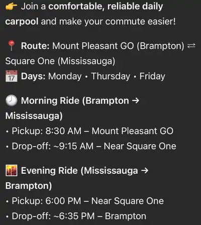 Carpool  Route: Mount Pleasant GO → Square One and back , View more
