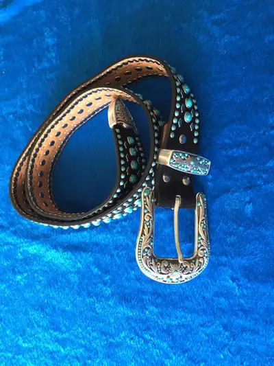 Beautiful Western Belt. Turquoise and Silver on Black Leather. NOCONA . Medium. Length tip to hasp i...