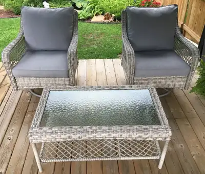 GORGEOUS 3 PIECE OUTDOOR WICKER SWIVEL ROCKER CONVERSATION SET, View more