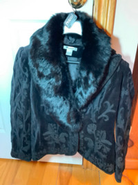 Black Velvet Embroidered Nygard Jacket with a Fox Fur Collar