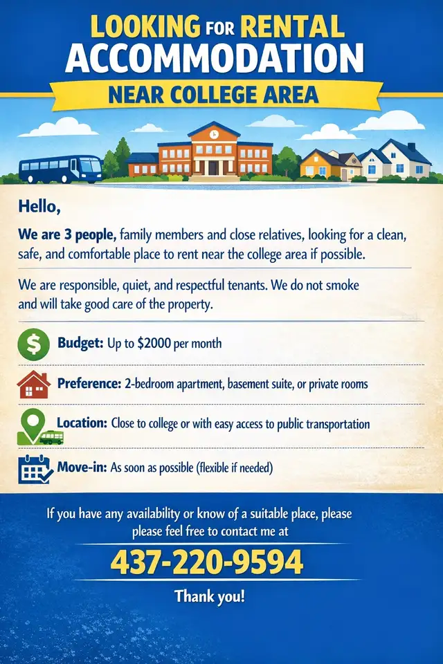 Looking for 2-Bedroom Rental Near College – Budget $2000