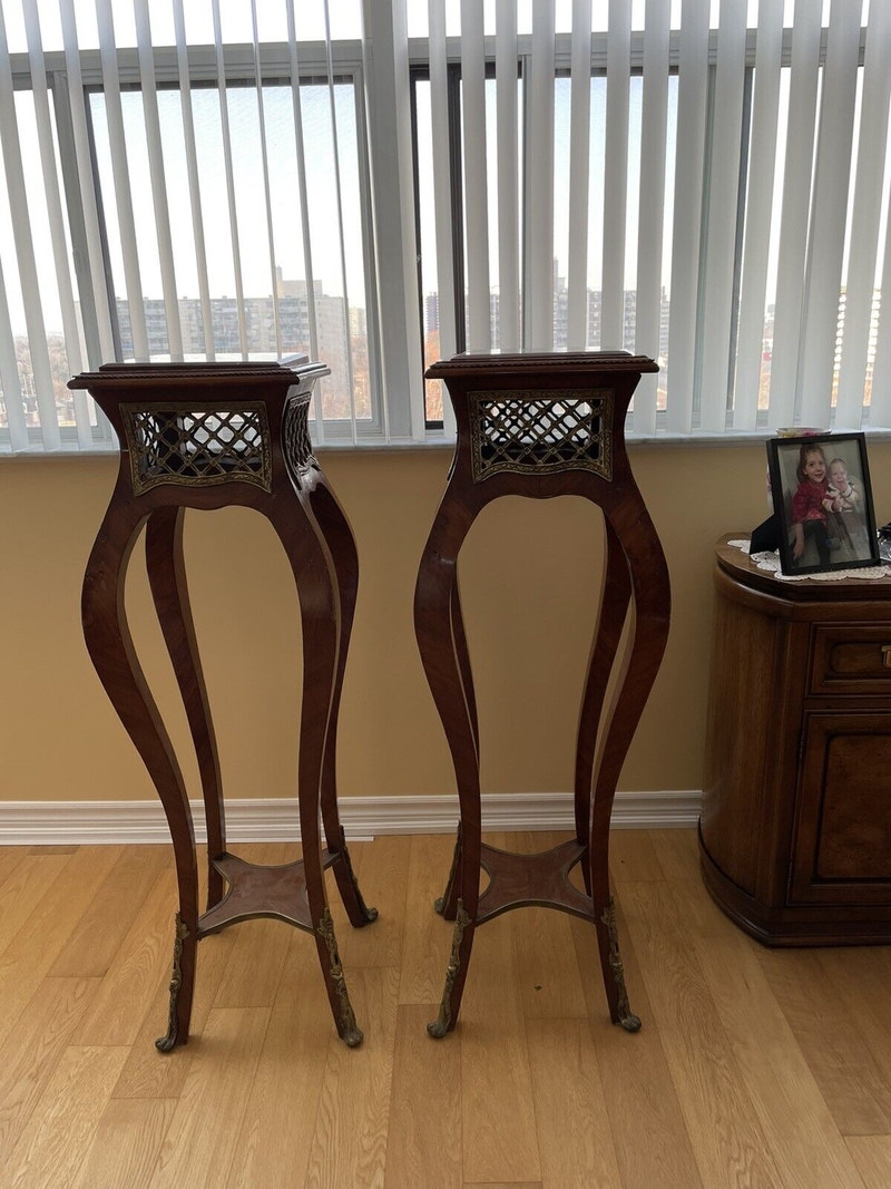 Two tall marble top Louis XV pillars stands columns Hutches & Display