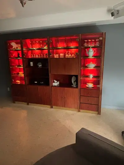 Bibliothèque en acajou avec bar et lumières intégré, View more