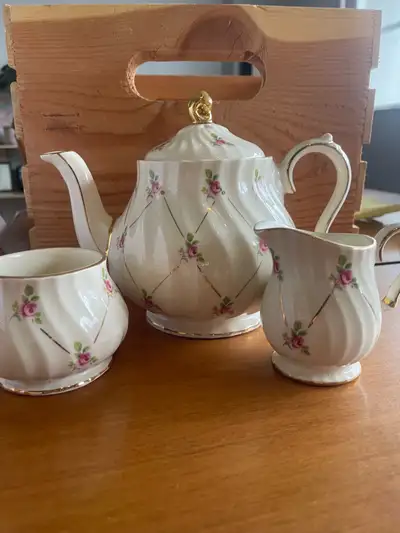 Vintage English Bone China Teapot Set - Pink Roses & Gold Lattic, View more