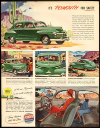 1946 full-page, color, vintage print ad "Plymouth for Safety"
